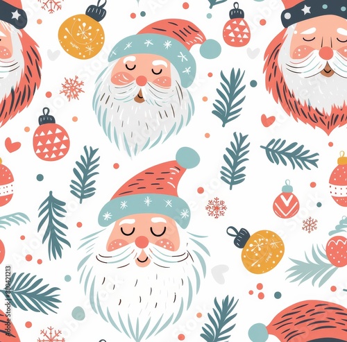  Cheerful seamless pattern featuring jolly Santa faces, Christmas ornaments, and festive decorations in a vibrant, hand-drawn style