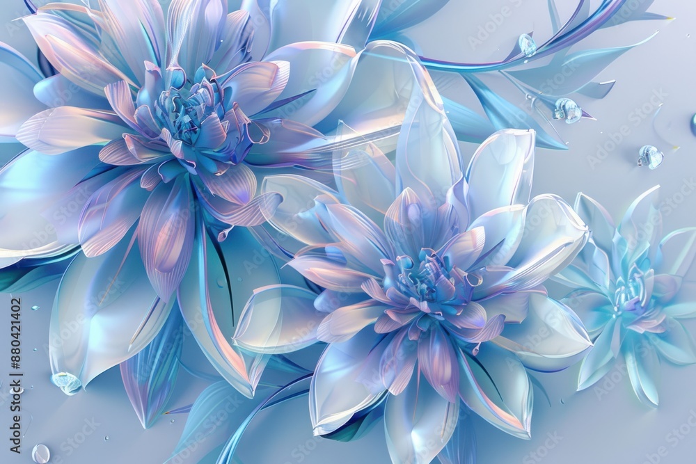 Obraz premium Abstract 3D illustration of iridescent blue and pink flowers. Concept of spring, beauty, nature, and floral design.