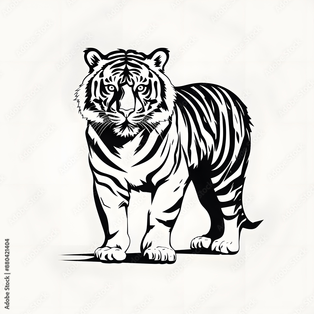 Obraz premium Hand drawn tiger silhouette in a minimal style. Black and white graphic illustration isolated on white background