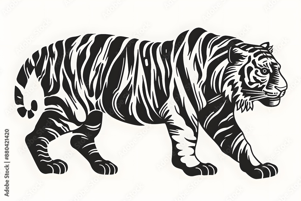 Obraz premium Hand drawn tiger silhouette in a minimal style. Black and white graphic illustration isolated on white background