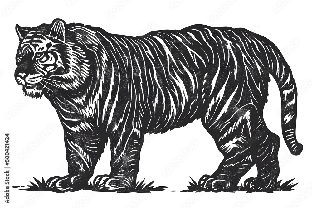 Fototapeta premium Hand drawn tiger silhouette in a minimal style. Black and white graphic illustration isolated on white background