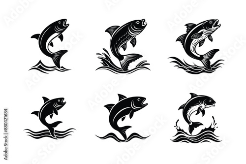 A set of fish jumping out of the water ripple with splash Black Silhouette Bundle isolated on white