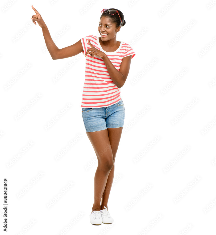 Smile, pointing and black woman in studio with presentation, student discount or promotion announcement. Offer, deal info and happy college girl showing choice, opinion or review on white background Smile, pointing and black woman in studio with presentation, student discount or promotion announcement. Offer, deal info and happy college girl showing choice, opinion or review on white background