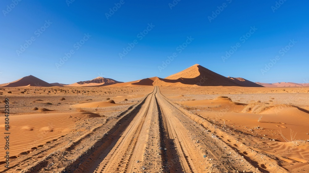 2. A deserted desert road stretching into the horizon with sand dunes and a clear blue sky 2. A deserted desert road stretching into the horizon with sand dunes and a clear blue sky