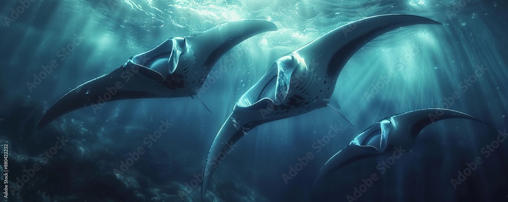 Fototapeta premium Graceful giant manta rays soaring through the water, 4K hyperrealistic photo