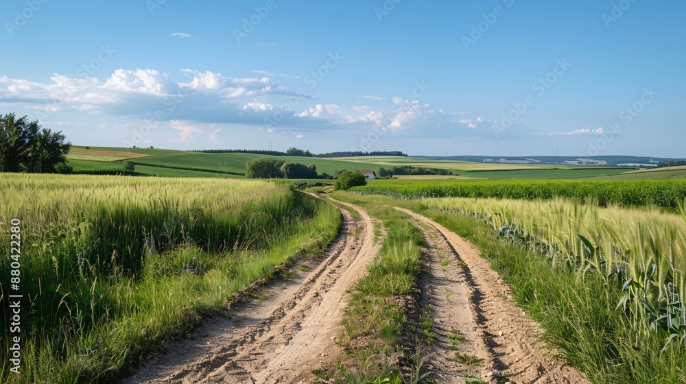 7. A rural dirt road leading to a farmhouse, surrounded by vast fields of crops under a bright, clear sky 7. A rural dirt road leading to a farmhouse, surrounded by vast fields of crops under a bright, clear sky