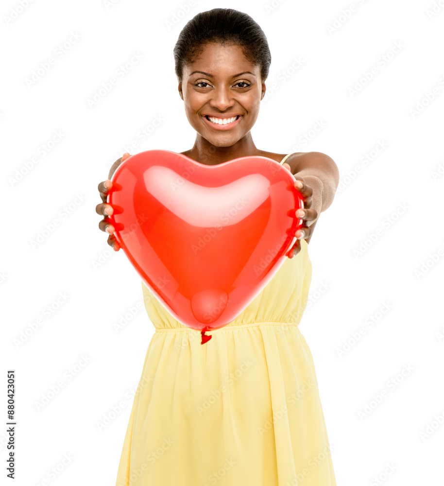 Woman, portrait and heart balloon in studio for valentines day celebration, anniversary date or romance. Black person, happy or giving gift for kindness, love or honeymoon present on white background Woman, portrait and heart balloon in studio for valentines day celebration, anniversary date or romance. Black person, happy or giving gift for kindness, love or honeymoon present on white background