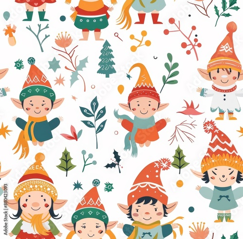 oyful seamless pattern featuring merry elves, holiday elements, and winter decorations in a playful, hand-drawn style