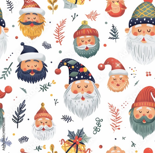 Whimsical seamless pattern with bearded Santa faces, festive decorations, and holiday elements in a vibrant, hand-drawn style