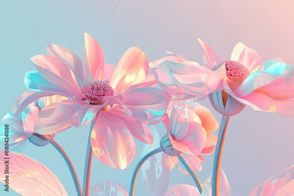 Naklejka premium Beautiful pastel pink flowers on holographic background. Aesthetic floral design, dreamy spring concept, colorful wallpaper