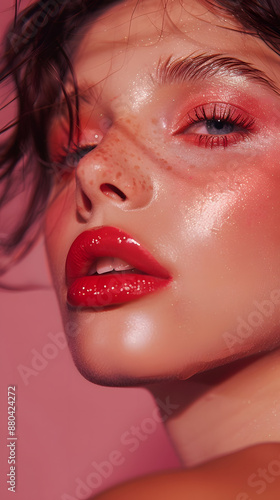 Young woman with bright color eye makeup and red lips creative fashionable photo