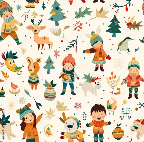 Cheerful seamless pattern featuring children in winter attire, holiday decorations, and festive elements in a playful, hand-drawn style