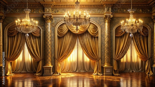 Luxurious golden velvet curtains drape majestically across a lavish, dimly lit, ornate room with opulent chandeliers and intricate crown molding.