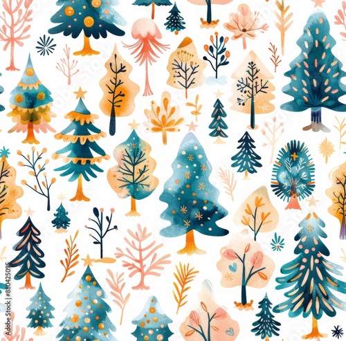 Vibrant seamless pattern with whimsical Christmas trees and seasonal elements in a colorful, hand-drawn style