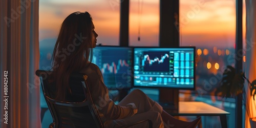 Silhouette of businesswoman sitting in front of computer monitor with stock market graph.