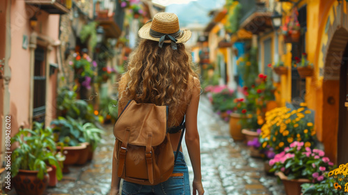Fototapeta Naklejka Na Ścianę i Meble -  Rear view of a young female tourist in a hat walking through the small streets of the city. Beautiful female traveler enjoying travel outdoors. Adventure and travel concept.