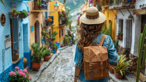 Fototapeta Naklejka Na Ścianę i Meble -  Rear view of a young female tourist in a hat walking through the small streets of the city. Beautiful female traveler enjoying travel outdoors. Adventure and travel concept.