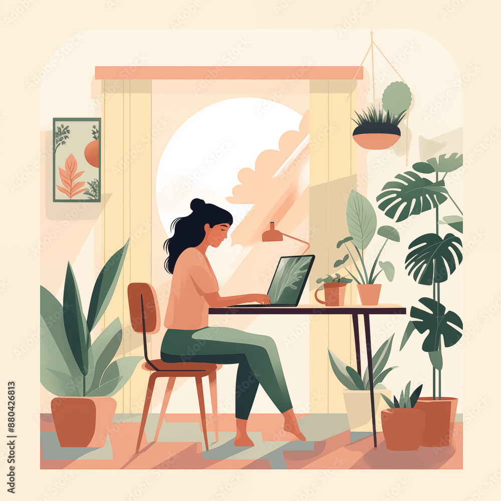 Serene home office setting with a person working in a plant-filled room Serene home office setting with a person working in a plant-filled room