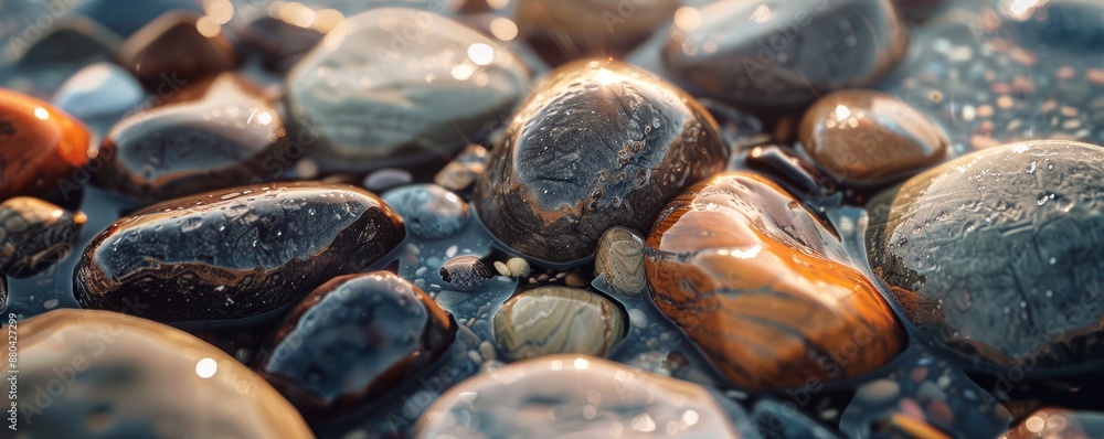 Smooth beach stones with polished surface, 4K hyperrealistic photo Smooth beach stones with polished surface, 4K hyperrealistic photo