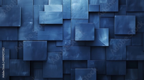 Fototapeta Naklejka Na Ścianę i Meble -  High-end block-like wall design featuring layered rectangular panels in shades of blue, creating a cool and elegant abstract background