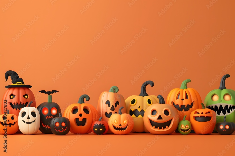 A row of colorful, carved pumpkins with various expressions, perfect for Halloween festivities. A row of colorful, carved pumpkins with various expressions, perfect for Halloween festivities.
