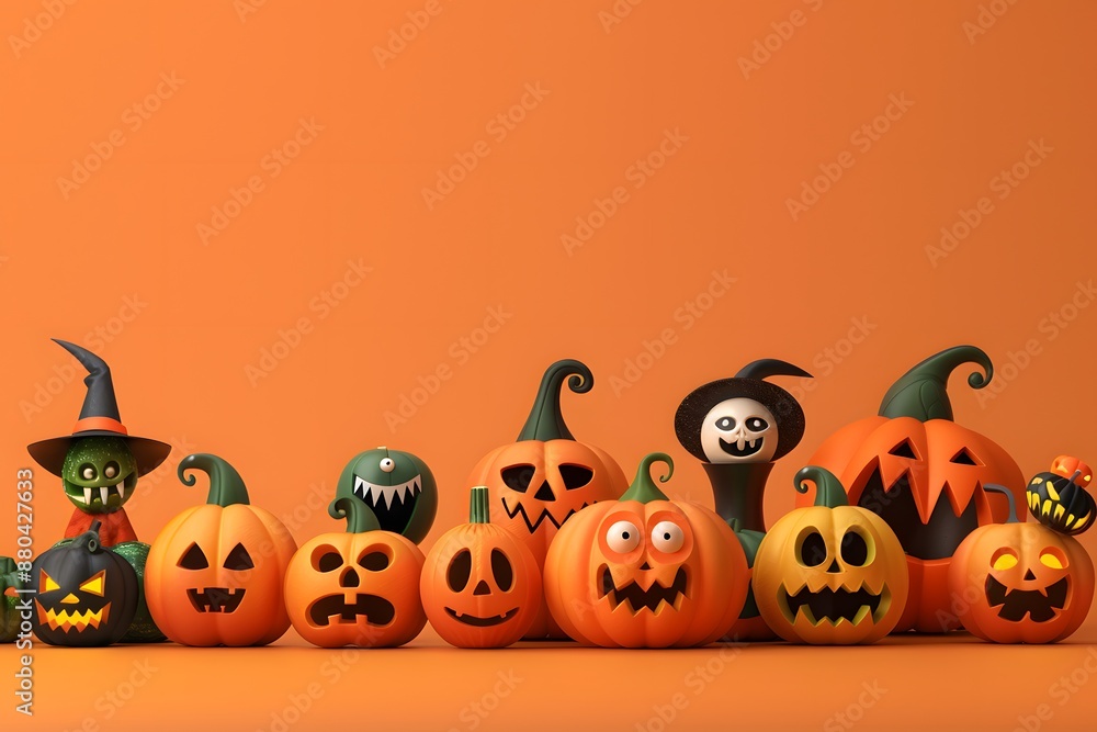 Halloween pumpkins and spooky characters with various expressions on an orange background Halloween pumpkins and spooky characters with various expressions on an orange background