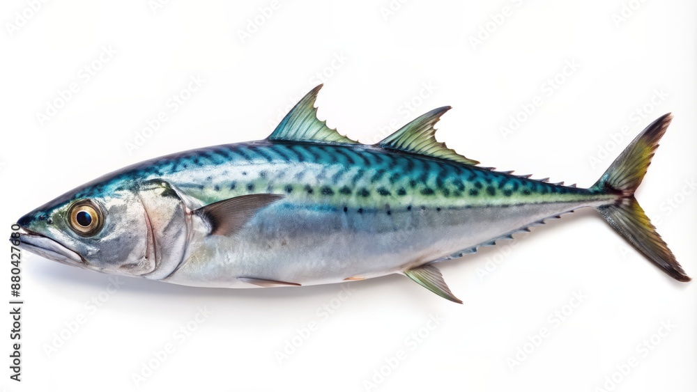 Obraz premium Freshly caught Japanese Spanish mackerel fish isolated on white background showcasing its silver scales and vibrant blue dorsal fin.