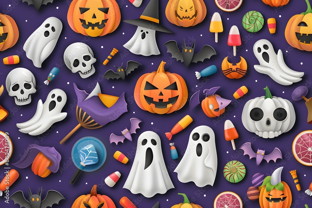 Seamless Halloween background with ghosts, pumpkins, and candies on dark purple backdrop. Seamless Halloween background with ghosts, pumpkins, and candies on dark purple backdrop.