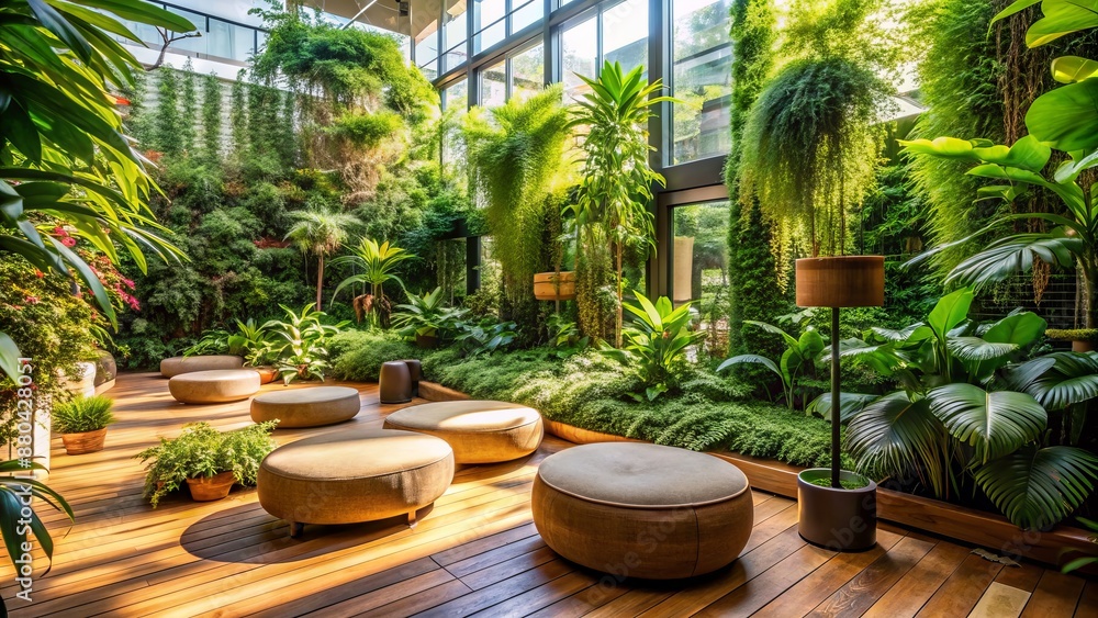 Fototapeta premium Vibrant green urban oasis with lush plants and wooden pouf, surrounded by modern technology and subtle warm natural lighting ambiance.