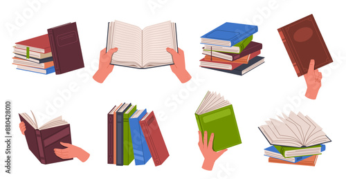 Reading books. Hands hold books, dictionaries and encyclopedias, planners and notebook, stacks and rows of literature, education process, nowaday vector cartoon flat isolated illustration set