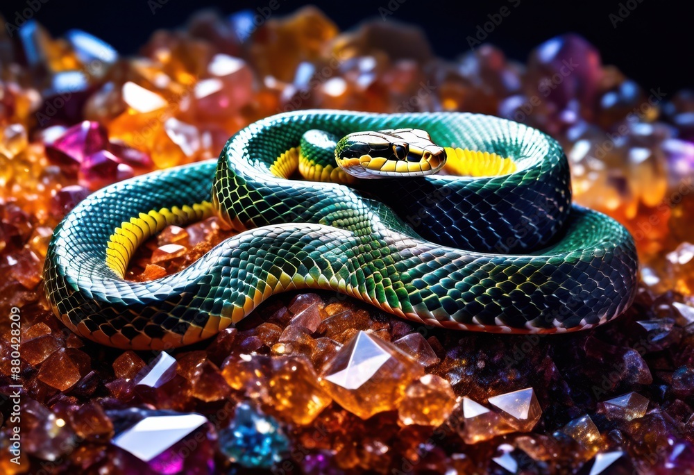 Obraz premium serpentine snake gliding across shimmering quartz crystals, slithering, reptile, reptilian, crawling, moving, gemstones, bed, surface, shiny, reflections