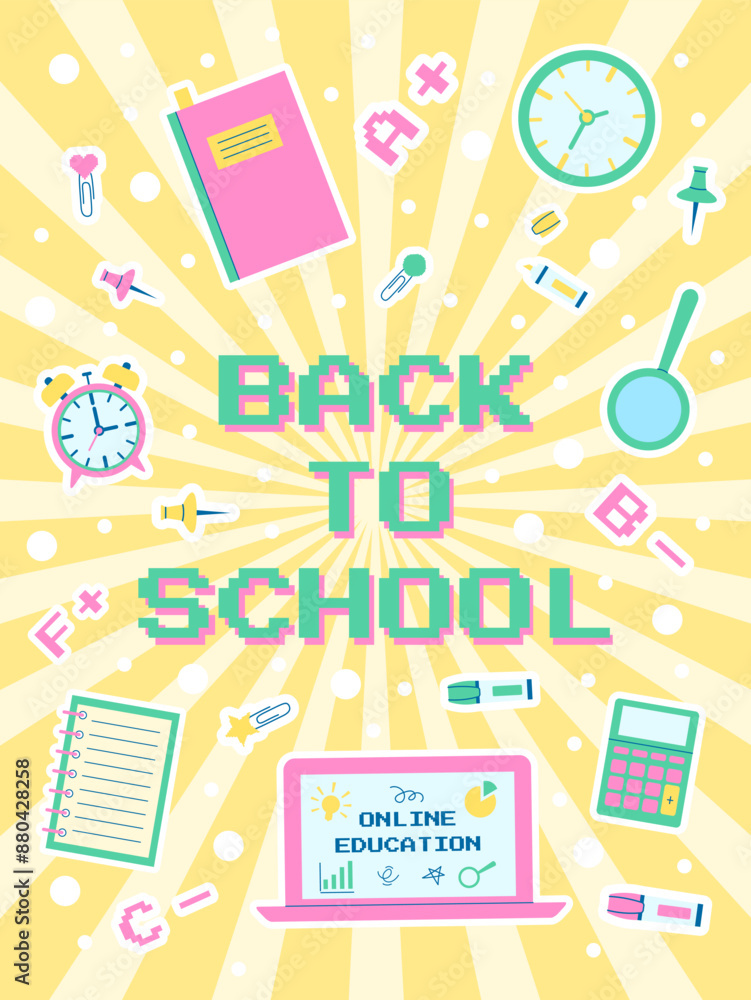 Poster with the inscription back to school on a yellow background with stickers of school supplies placed on it. Vector template for banner, post, postcard Poster with the inscription back to school on a yellow background with stickers of school supplies placed on it. Vector template for banner, post, postcard