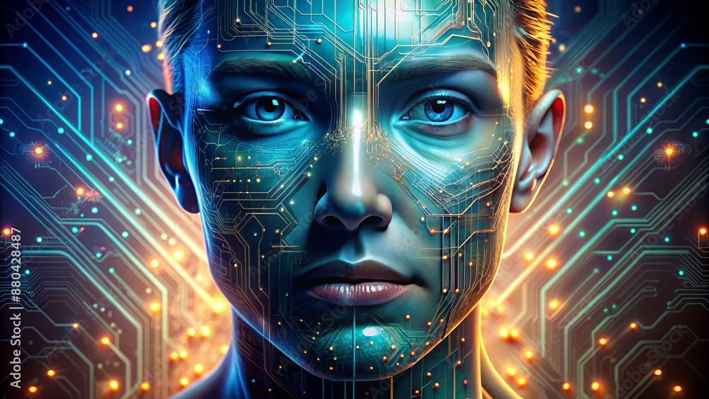 A futuristic digital illustration of a futuristic human face merged ...