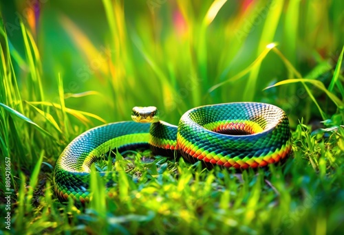 vibrant field colorful snake slithering through lush green grass, serpent, crawling, reptile, scales, patterned, camouflage, wildlife, nature, outdoors