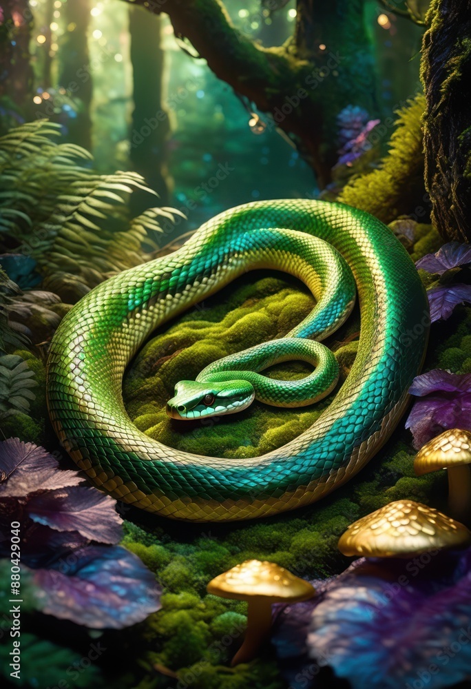 Fototapeta premium cozy woodland burrow curled snake, nature, wildlife, forest, reptile, animal, habitat, hideaway, outdoors, resting, comfortable, wild, creature, natural, foliage