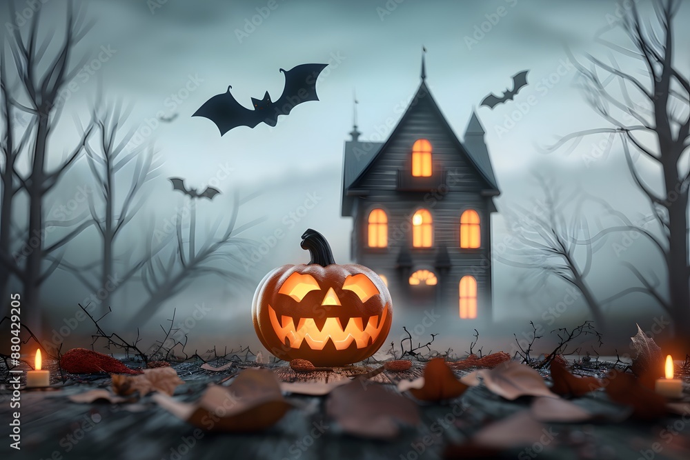 Spooky Halloween scene with a carved pumpkin and bats flying around a haunted house. Spooky Halloween scene with a carved pumpkin and bats flying around a haunted house.