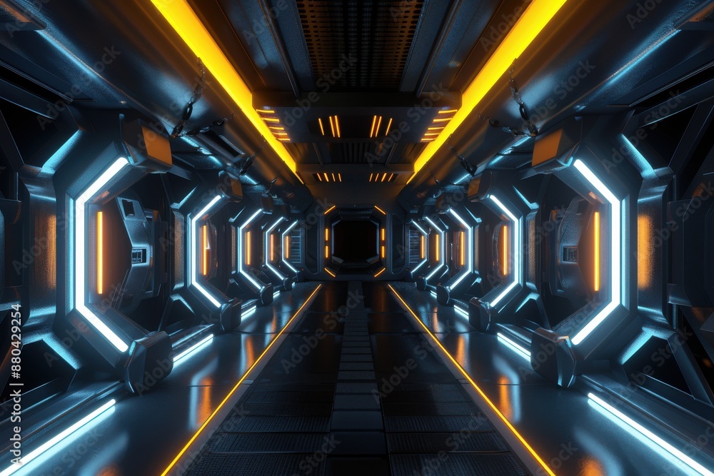 Futuristic Sci-Fi Corridor with Glowing Neon Lights. A 3D Illustration of a Spacecraft or Cyberpunk Tunnel Futuristic Sci-Fi Corridor with Glowing Neon Lights. A 3D Illustration of a Spacecraft or Cyberpunk Tunnel
