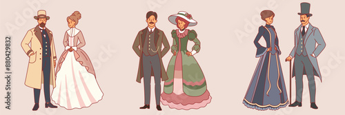 Gentlemen and ladies in vintage clothes. Aristocratic persones, elegant female and male characters standing, couples of 19th century, hats, gowns, cartoon flat style isolated vector set