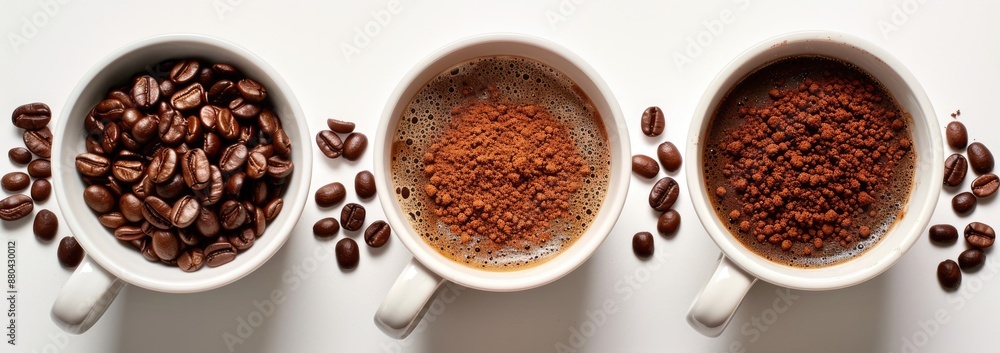 Coffee Beans, Powder, and Brewed Coffee in White Cups Coffee Beans, Powder, and Brewed Coffee in White Cups