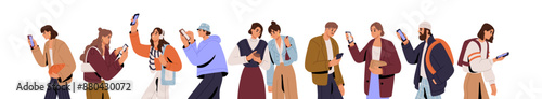 Group of people are addicted from smartphones. Men and women using mobile phone on the go. Characters surfing internet with telephone in hands during walk. Flat isolated vector illustrations on white