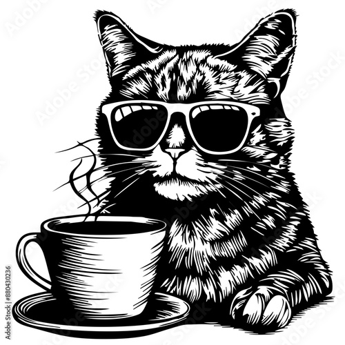 Cat drinking coffee SVG vector transparent background PNG clipart