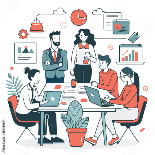Business communication concept. Group of employees discussing idea at table. Brainstorming and company development, directors council or analytical department. Cartoon flat vector illustration.