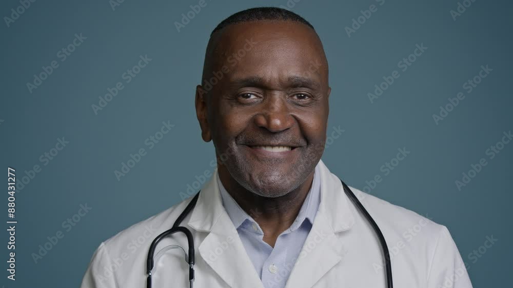 Close-up smiling african american man doctor posing in studio blue background ethnic male professional medical employee surgeon therapist dentist ophthalmologist medic hospital worker looking camera Close-up smiling african american man doctor posing in studio blue background ethnic male professional medical employee surgeon therapist dentist ophthalmologist medic hospital worker looking camera
