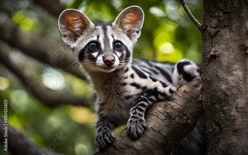 A genet climbing gracefully in an African tree photo