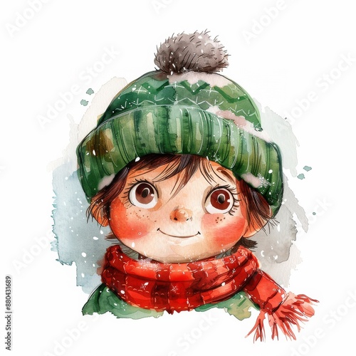 An adorable watercolor illustration of a child wearing a green winter hat and red scarf, with a cheerful expression and snowy background