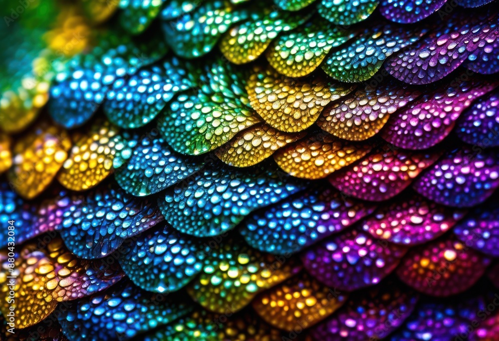 Fototapeta premium glistening snake scales covered morning dew sparkling light, shiny, serpent, reptile, coated, reflection, glint, glimmering, iridescent, luminous, radiant, shimmer, sheen,
