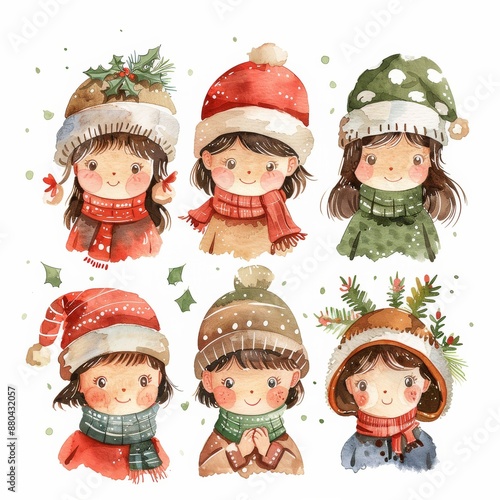 A charming illustration of six children wearing various Christmas hats and scarves, each with a happy expression and festive winter background