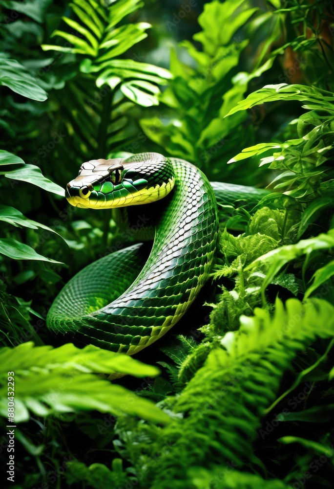 Obraz premium camouflaged snake hiding thick jungle wildlife concealment lush foliage, greenery, tropical, dense, vegetation, reptile, concealed, vibrant, plant, lushness, exotic, nature