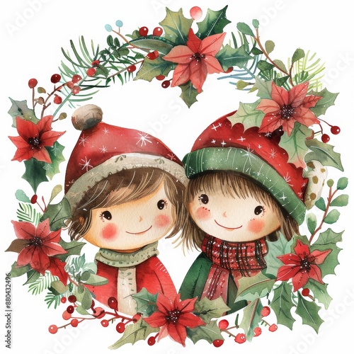 A charming illustration of two kids wearing winter hats and scarves, framed by a festive Christmas wreath with holly and berries