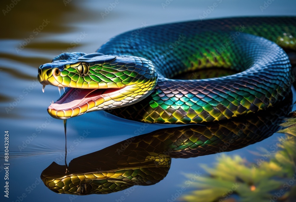 Obraz premium silent serpent slithering across mirror like lake surface, snake, gliding, reptile, motion, movement, water, pond, reflection, wildlife, nature, peaceful,